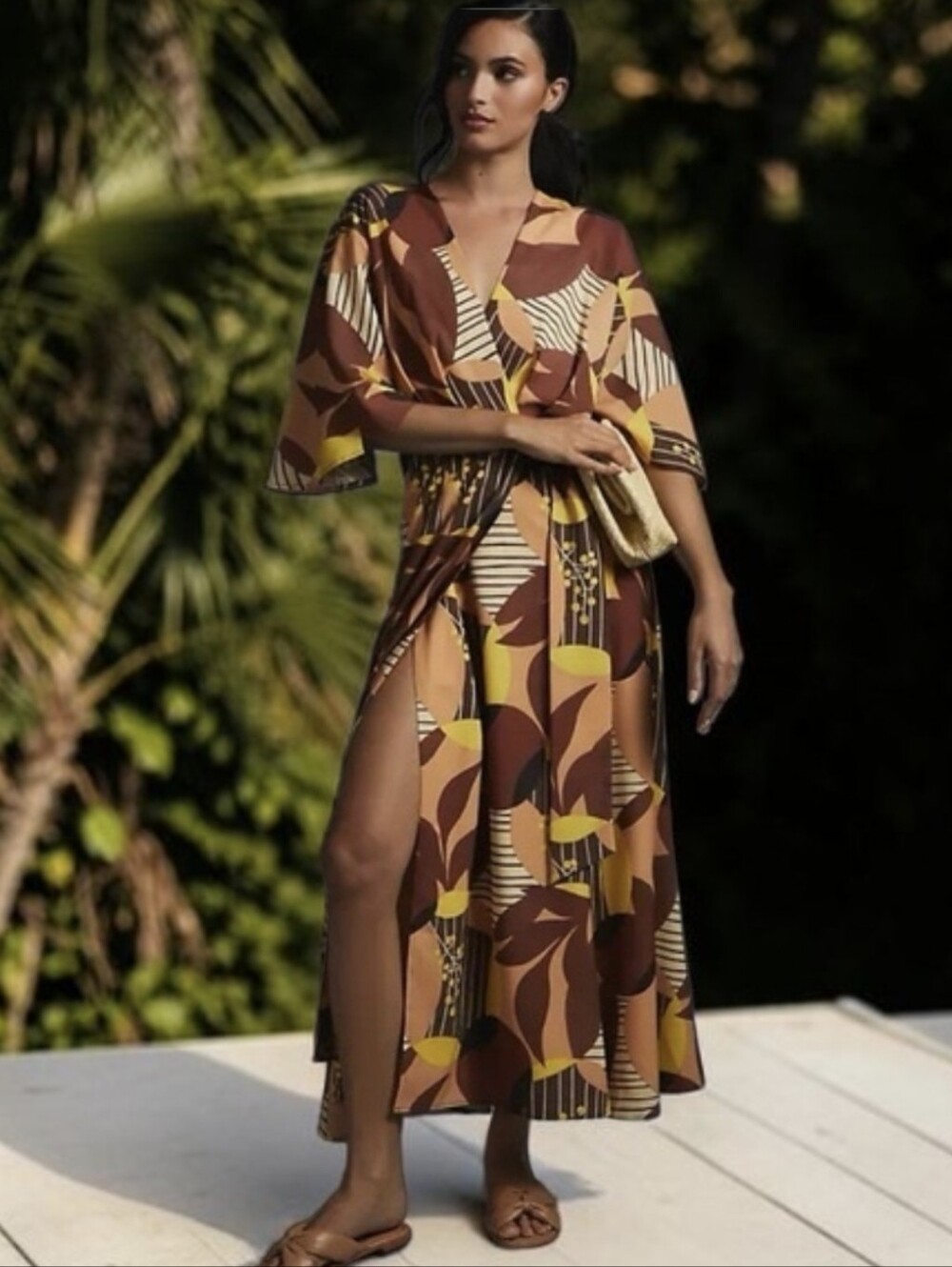 Hutch Deep V Wrap Maxi Dress XS Abstract Floral Brown Yellow Kimono Sleeve Boho